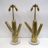 Pair of Hollywood Regency Rattan and Brass Cactus Lamps, Italy, 1990s