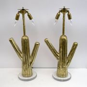 Pair of Hollywood Regency Rattan and Brass Cactus Lamps, Italy, 1990s