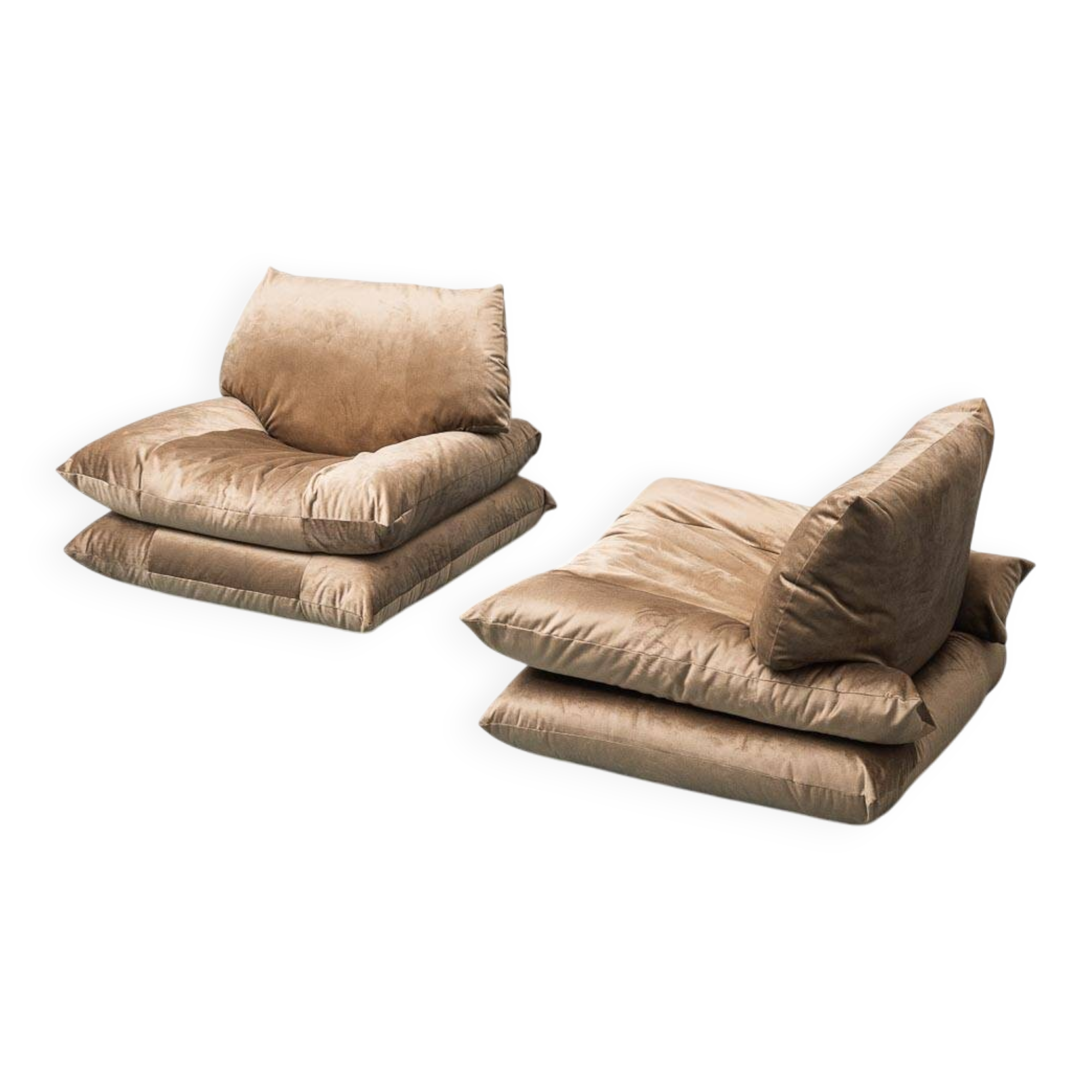 Pair of vintage beige velvet lounge armchairs from the 1970s modernism