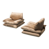 Pair of vintage beige velvet lounge armchairs from the 1970s modernism