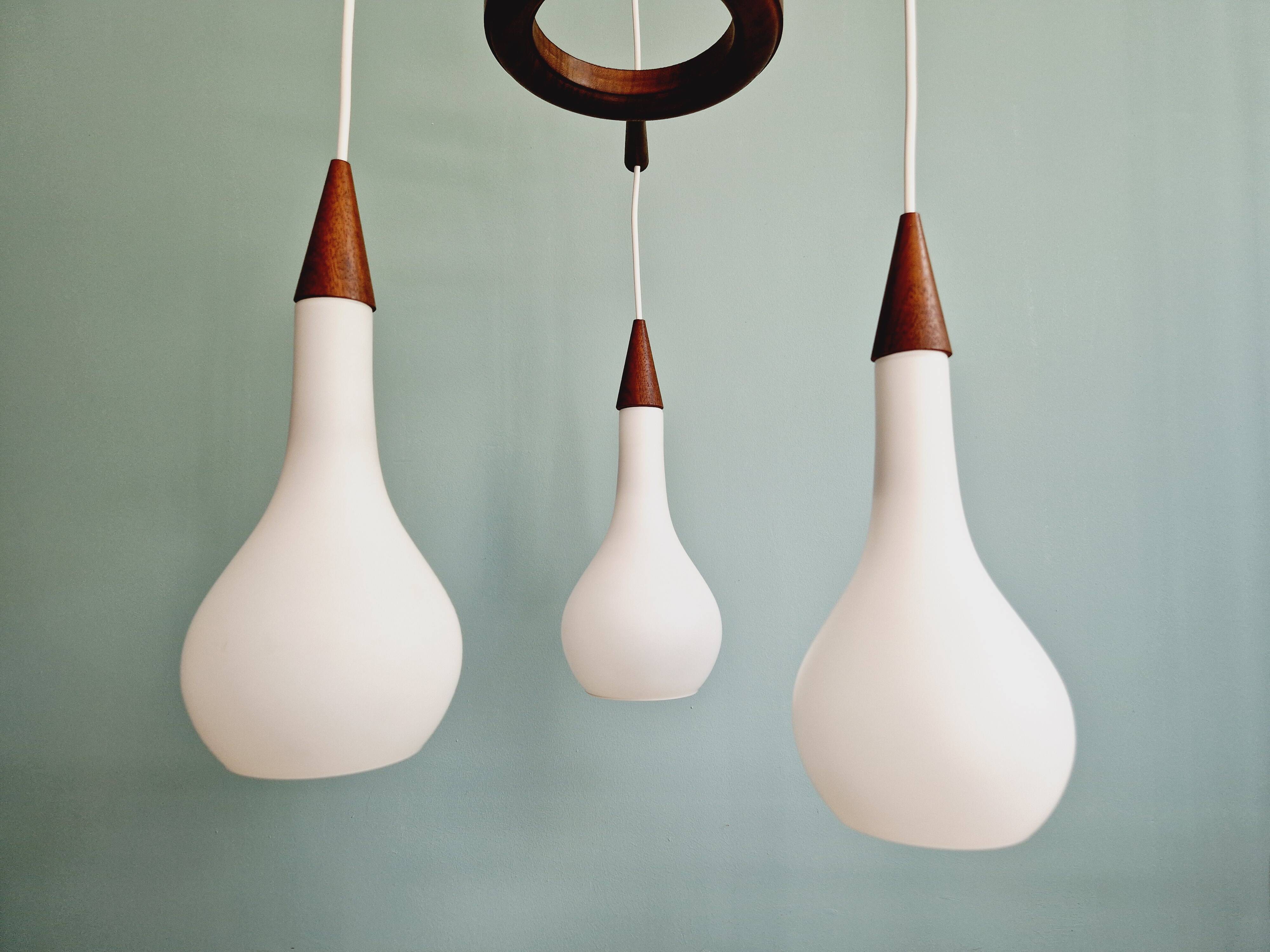 Scandinavian lustre cascade in teak and frosted white glass, 1960s