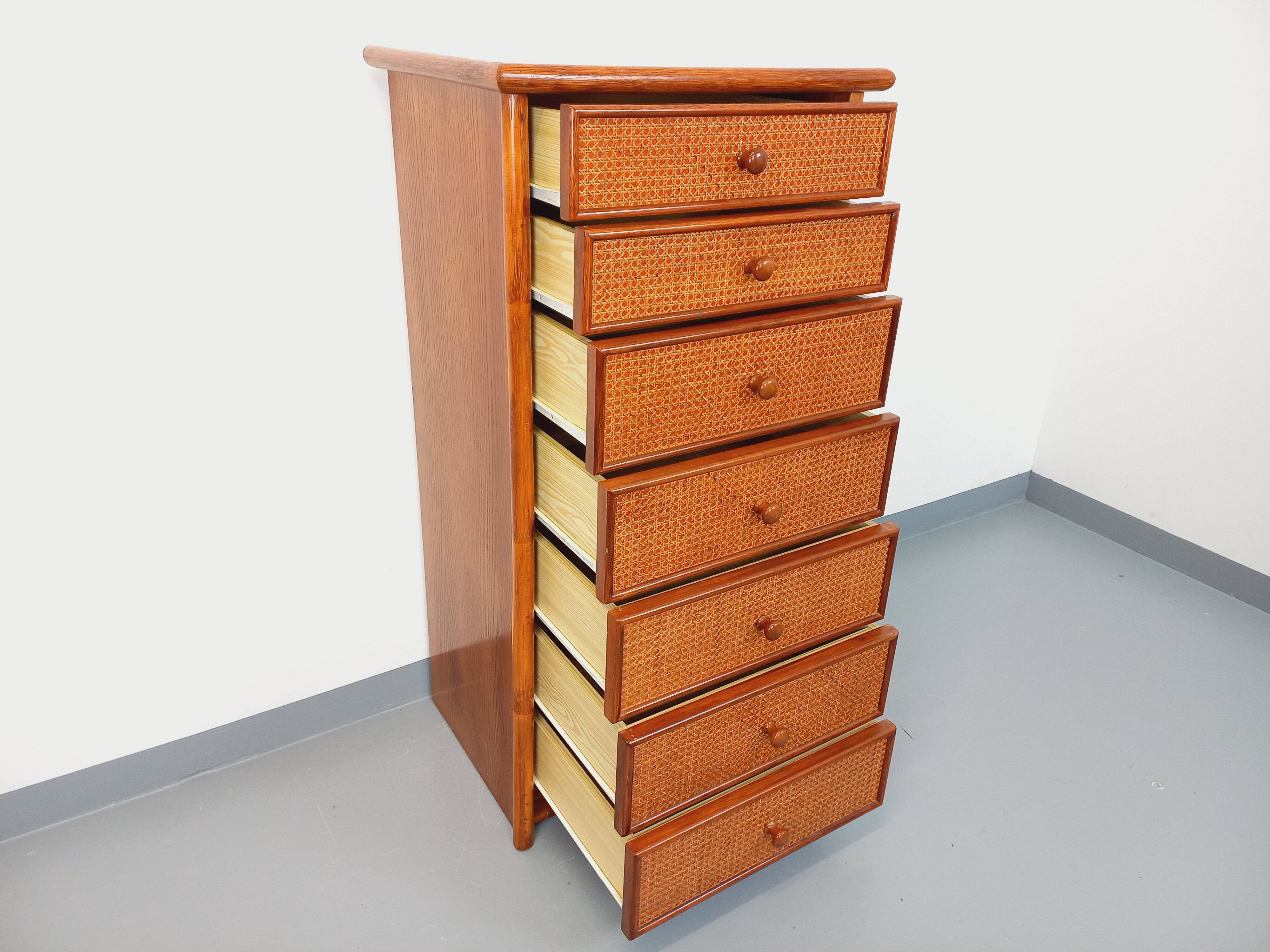 Vintage chest of drawers in rattan, wood and cane
