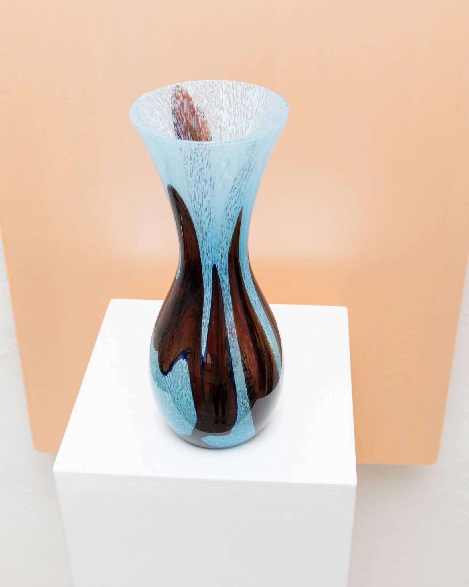 XL Murano glass vase - light blue and brown - mid-century vintage design table decoration - Italy 1970s