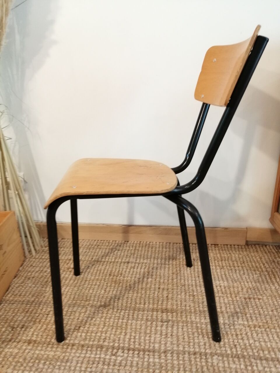 Series of 4 wooden and metal school chairs
