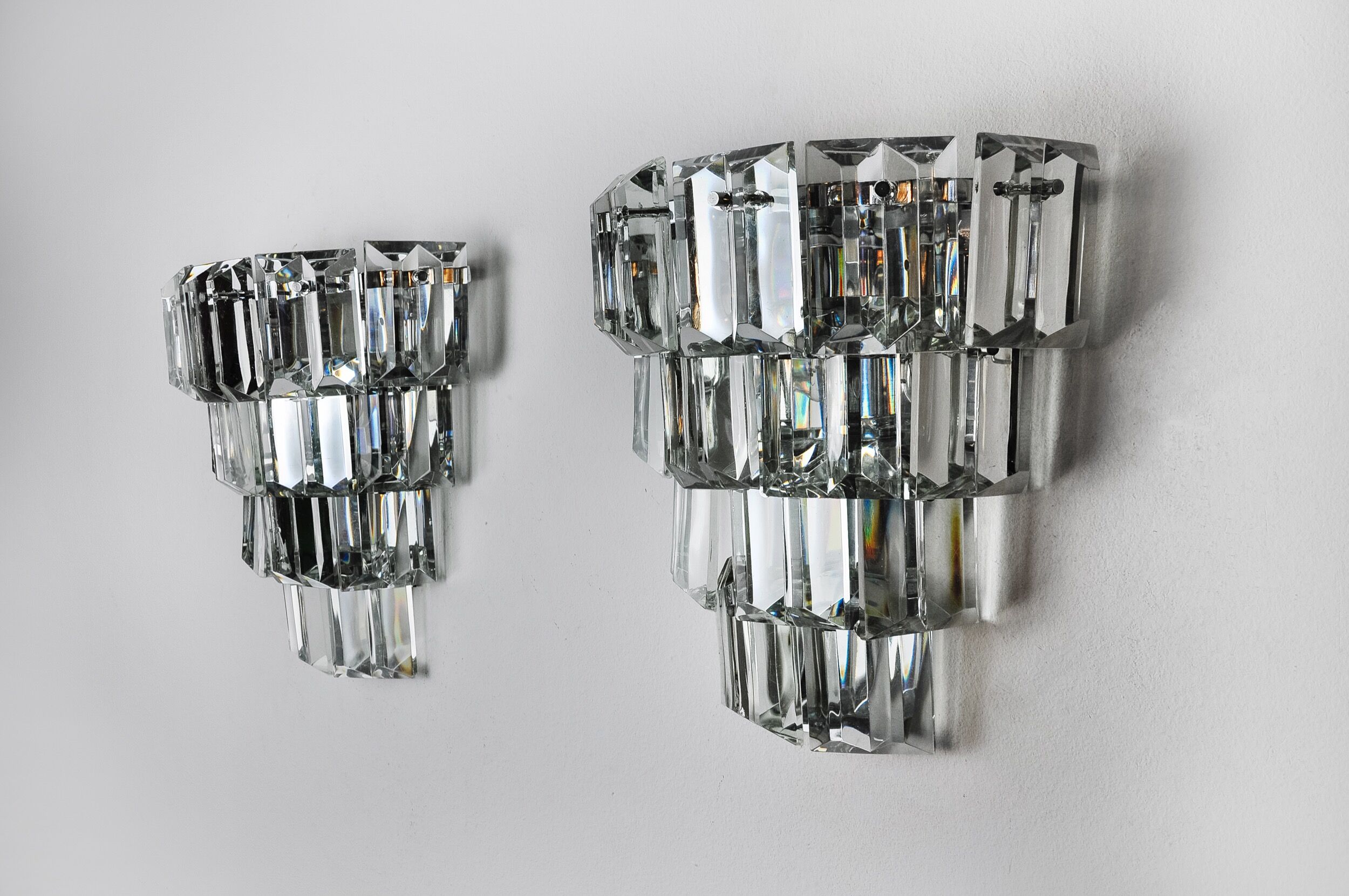 Pair of kinkeldey wall lamps, 4 levels, cut crystals germany, 1970