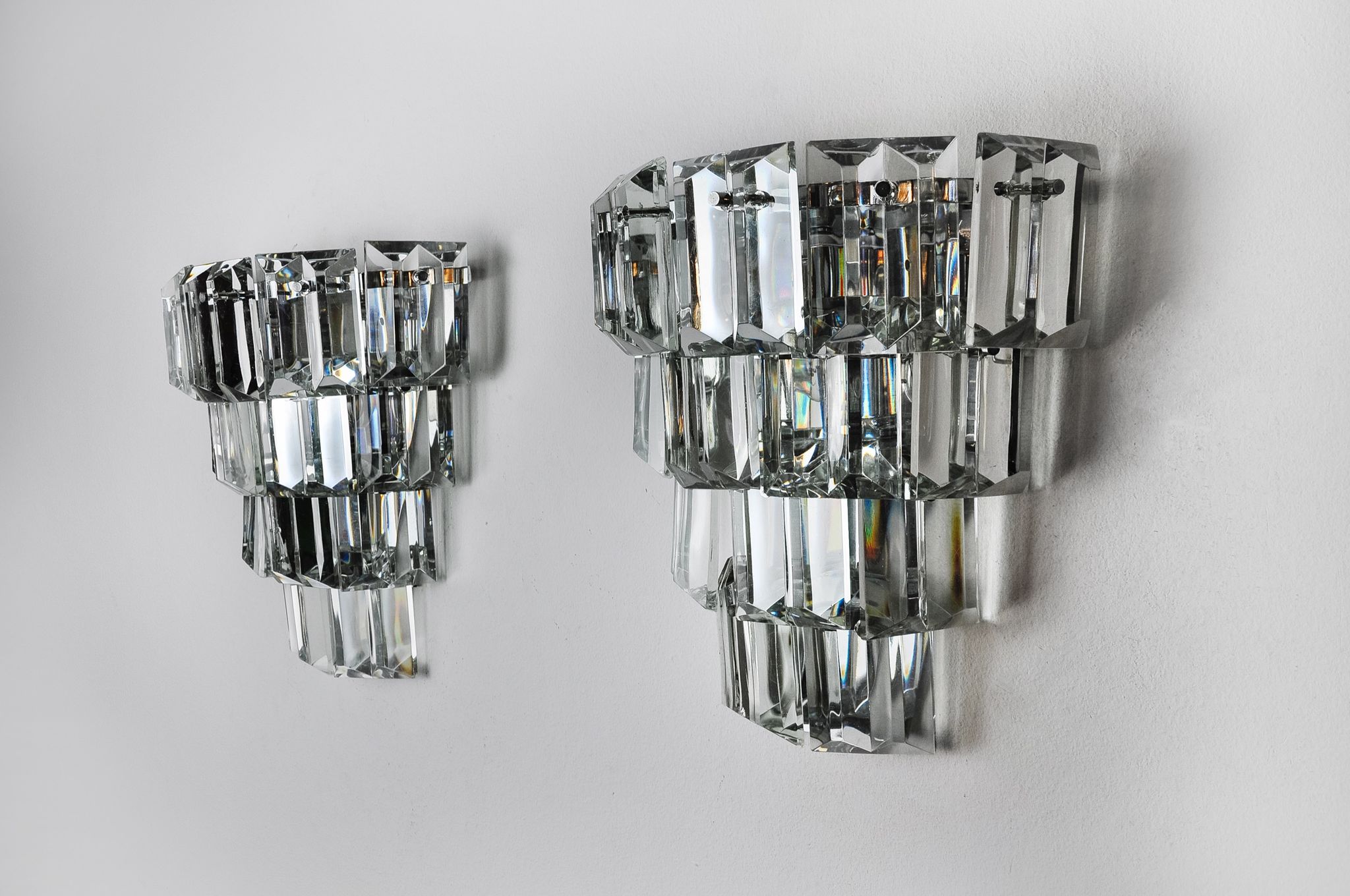 Pair of kinkeldey wall lamps, 4 levels, cut crystals germany, 1970