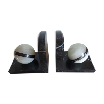 Pair of art-deco bookends in black marble with white veins