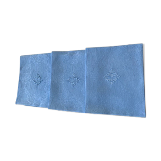 3 linen towels in linen blue sky monogram C floral and floral weaving art deco