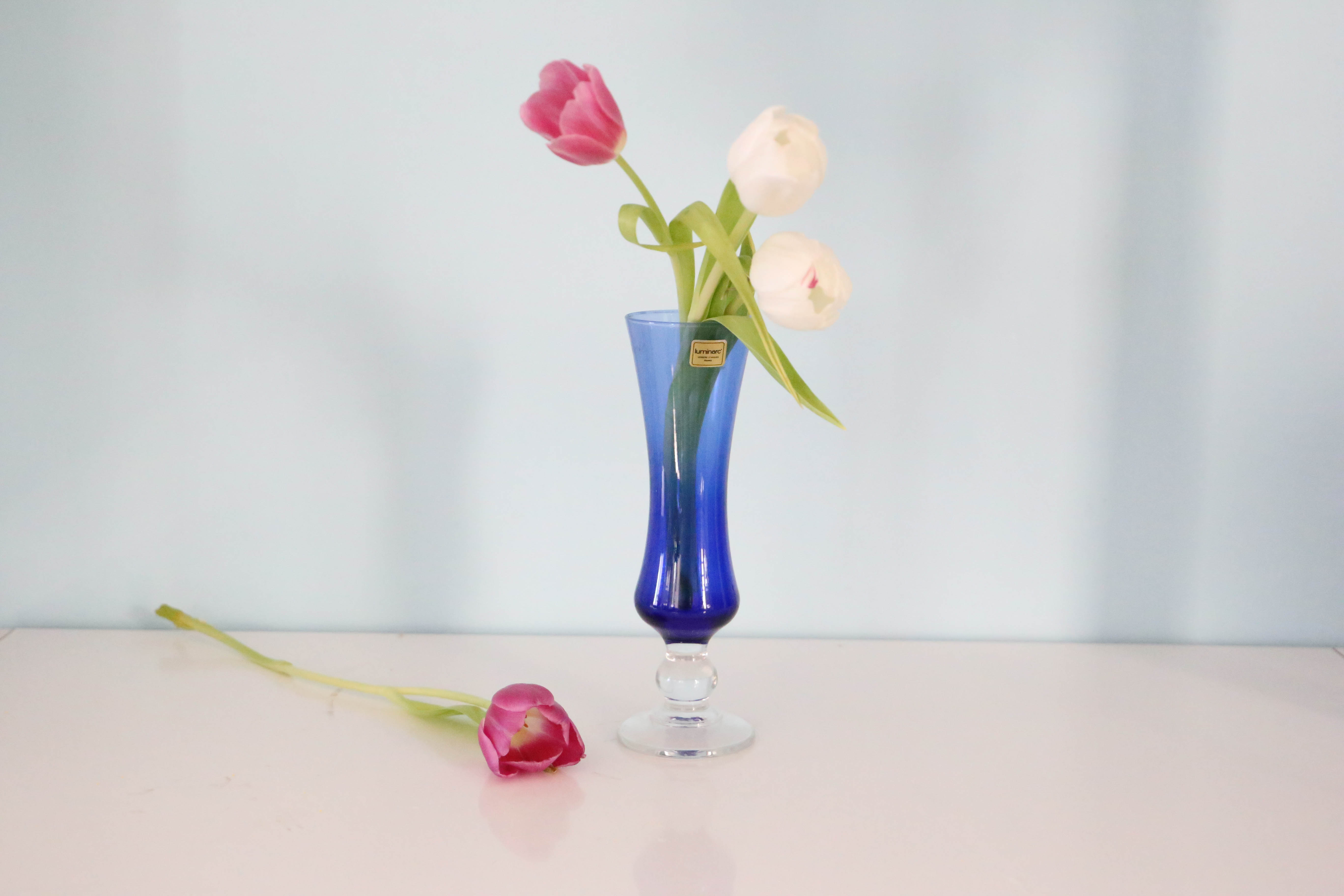 Blue vase, transparent foot, Duralex, vintage