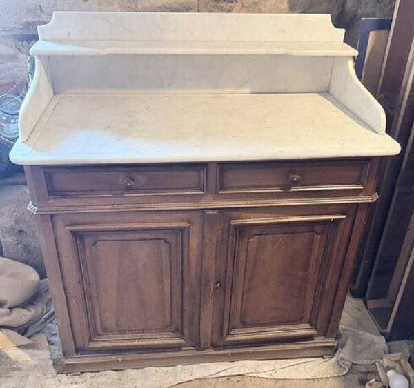 Ancien meuble de toilette en bois et marbre blanc, 2 portes et 2 tiroirs