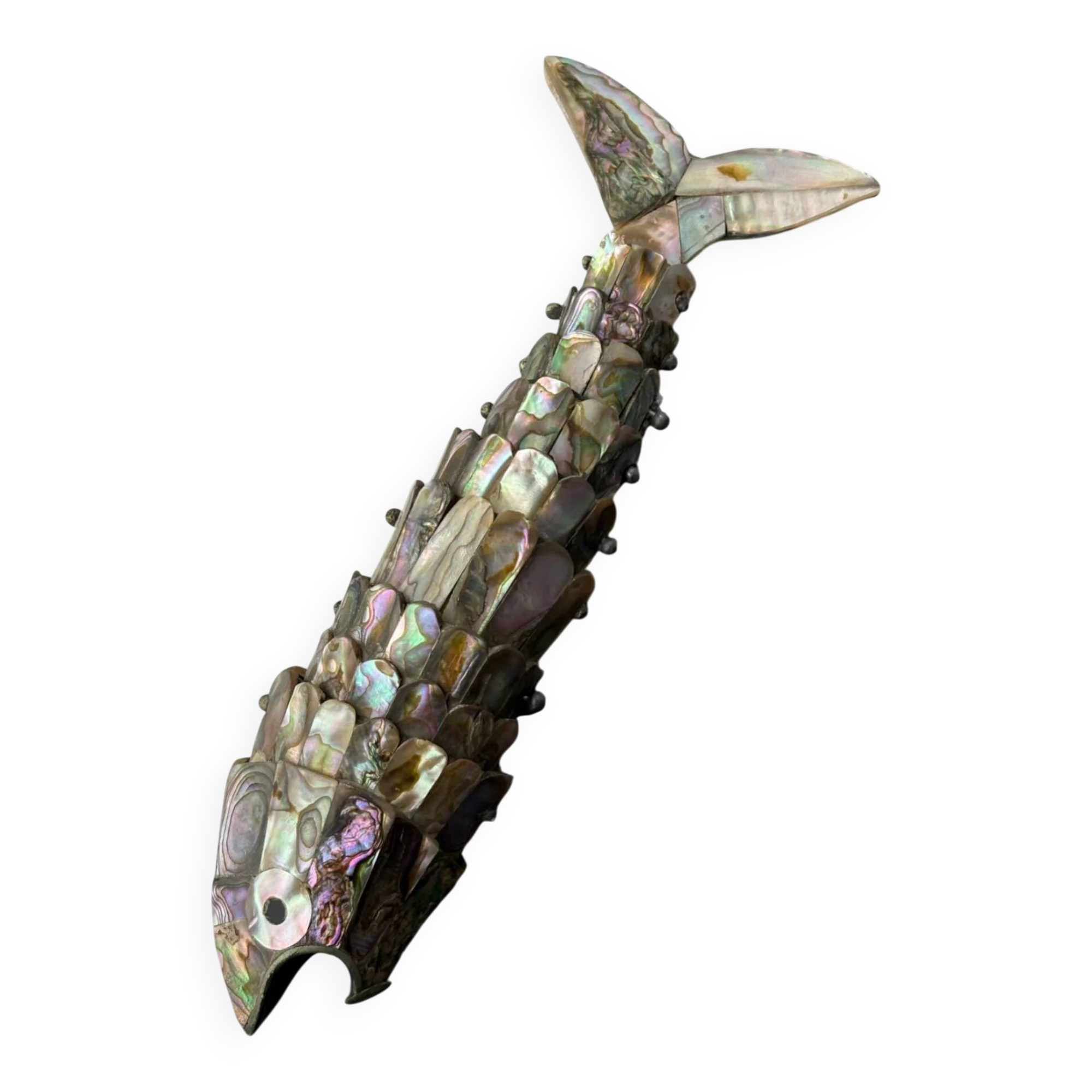 Articulated abalone shell and brass fish bottle opener, Mexico, 1980s, 18 cm