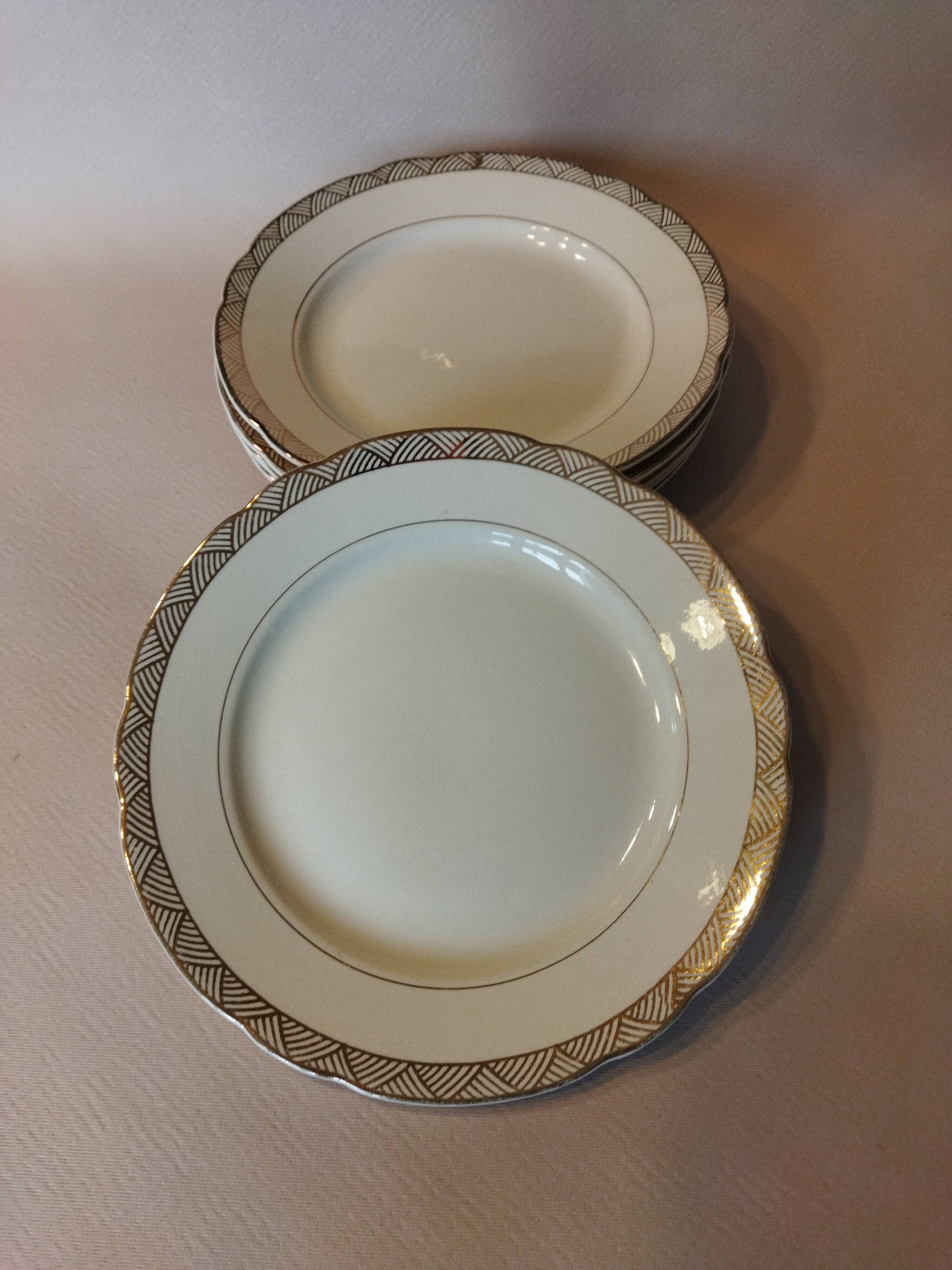 6 assiettes plates Villeroy & Boch Mettlach ivoire et or vintage 1950s