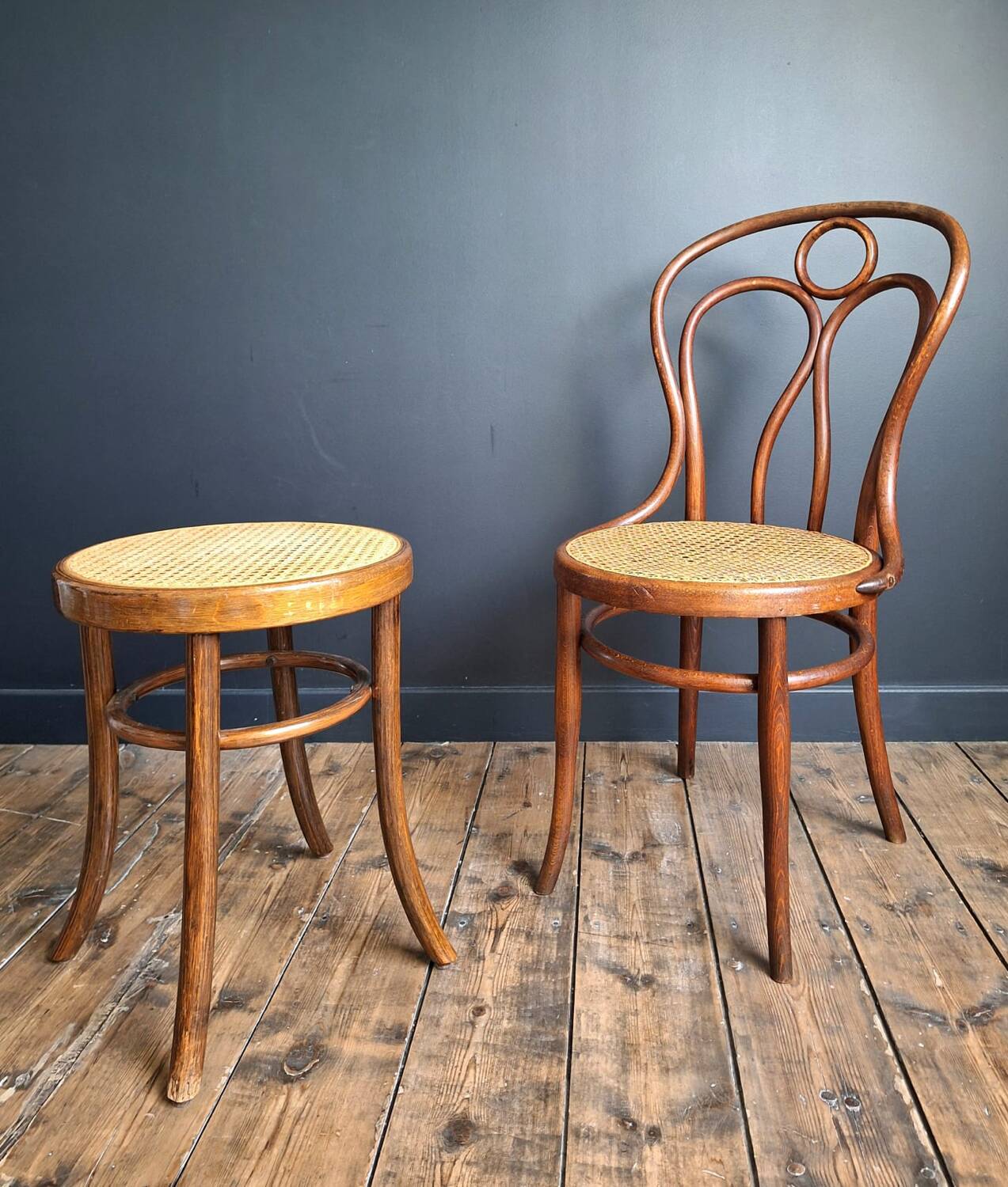 Antique Hoffman caned bistro chair, Art Deco and stool