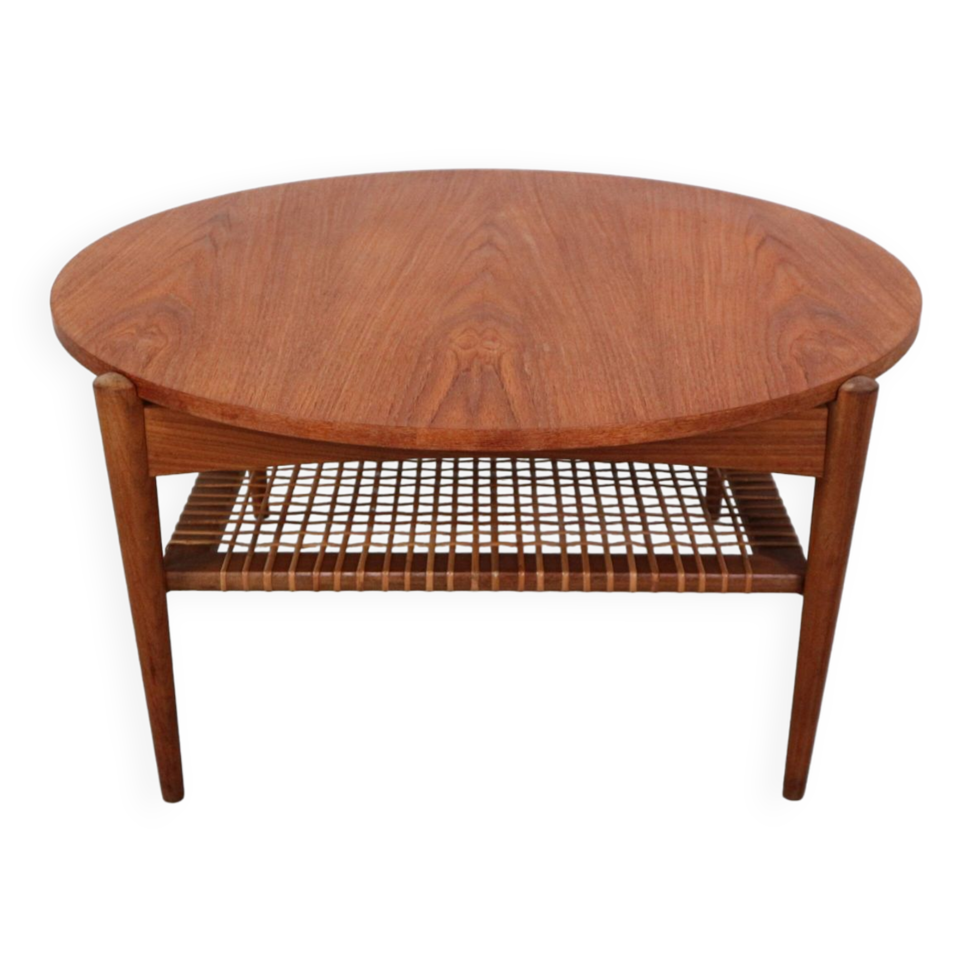Scandinavian Modern Teak& Rattan Round Coffee Table, 1960's Denmark