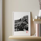 Handcrafted linocut of a wooden temple in Nagoya: 100% handmade, certified and signed