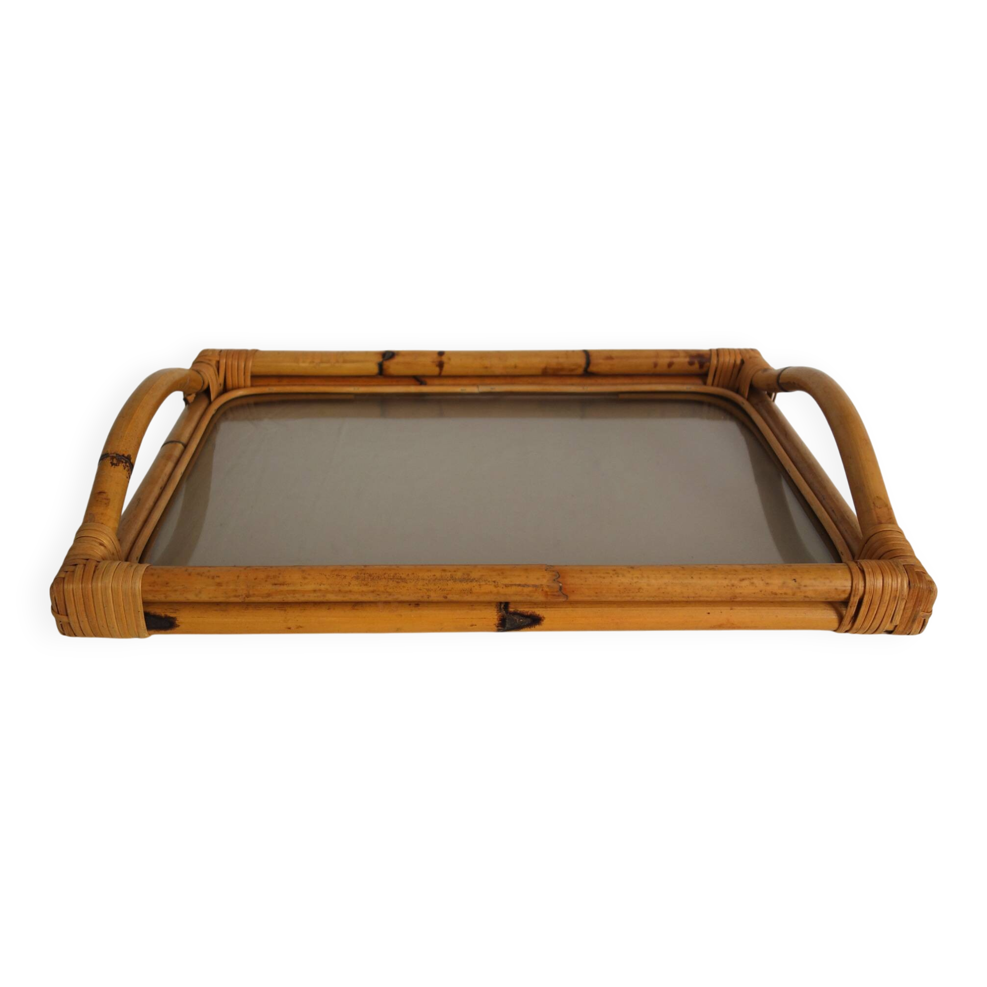 Plateau vintage bambou verre fumé années 70