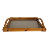 Vintage bamboo tray with smoked glass from the 70s