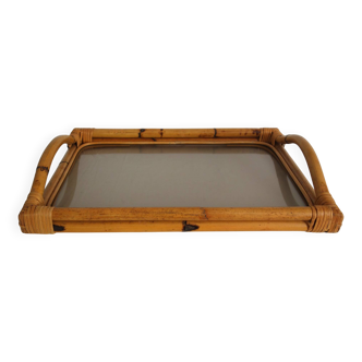 Vintage bamboo tray with smoked glass from the 70s