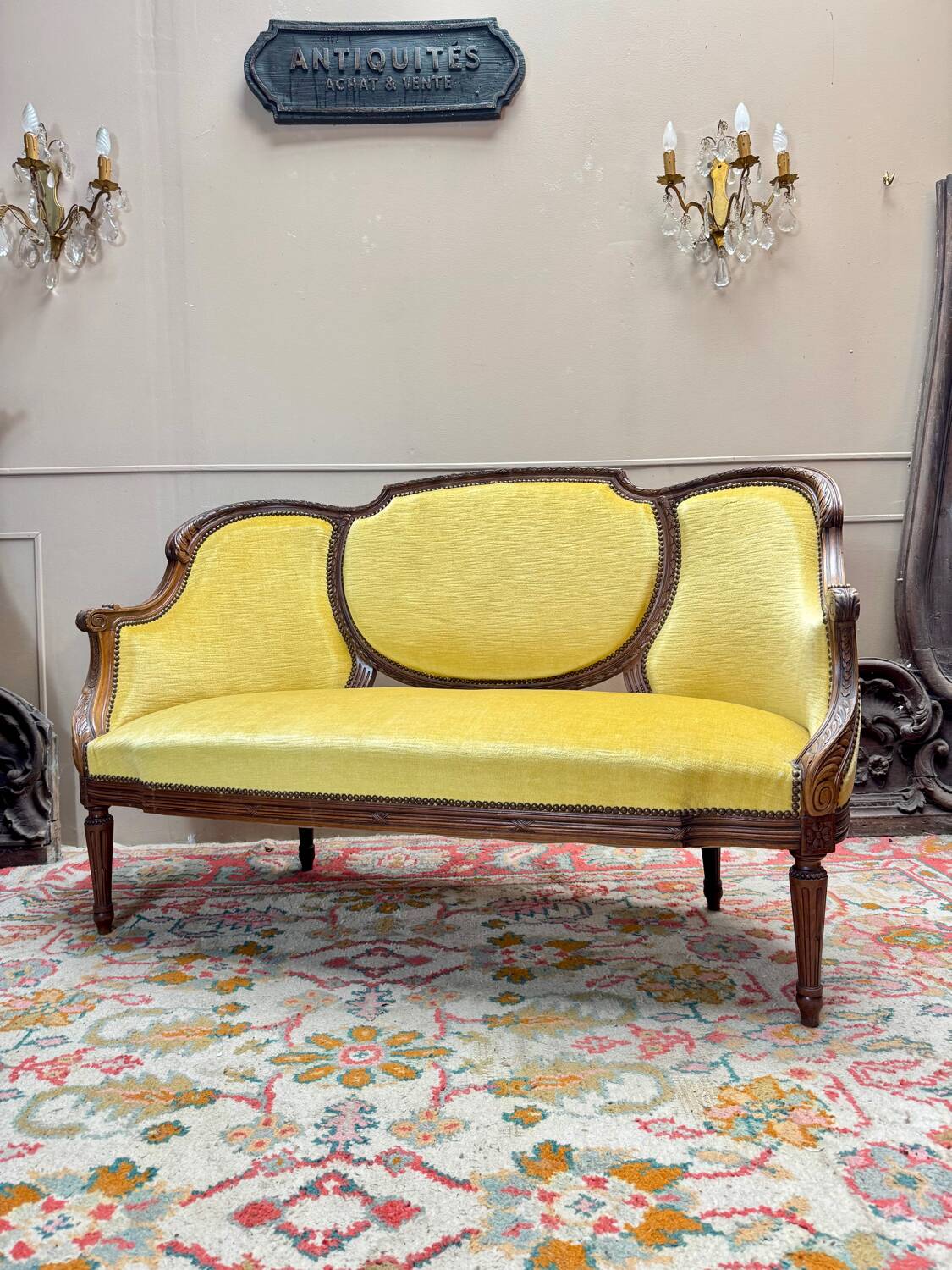 Banquette, canapé en bois naturel de style louis xvi xix eme siècle