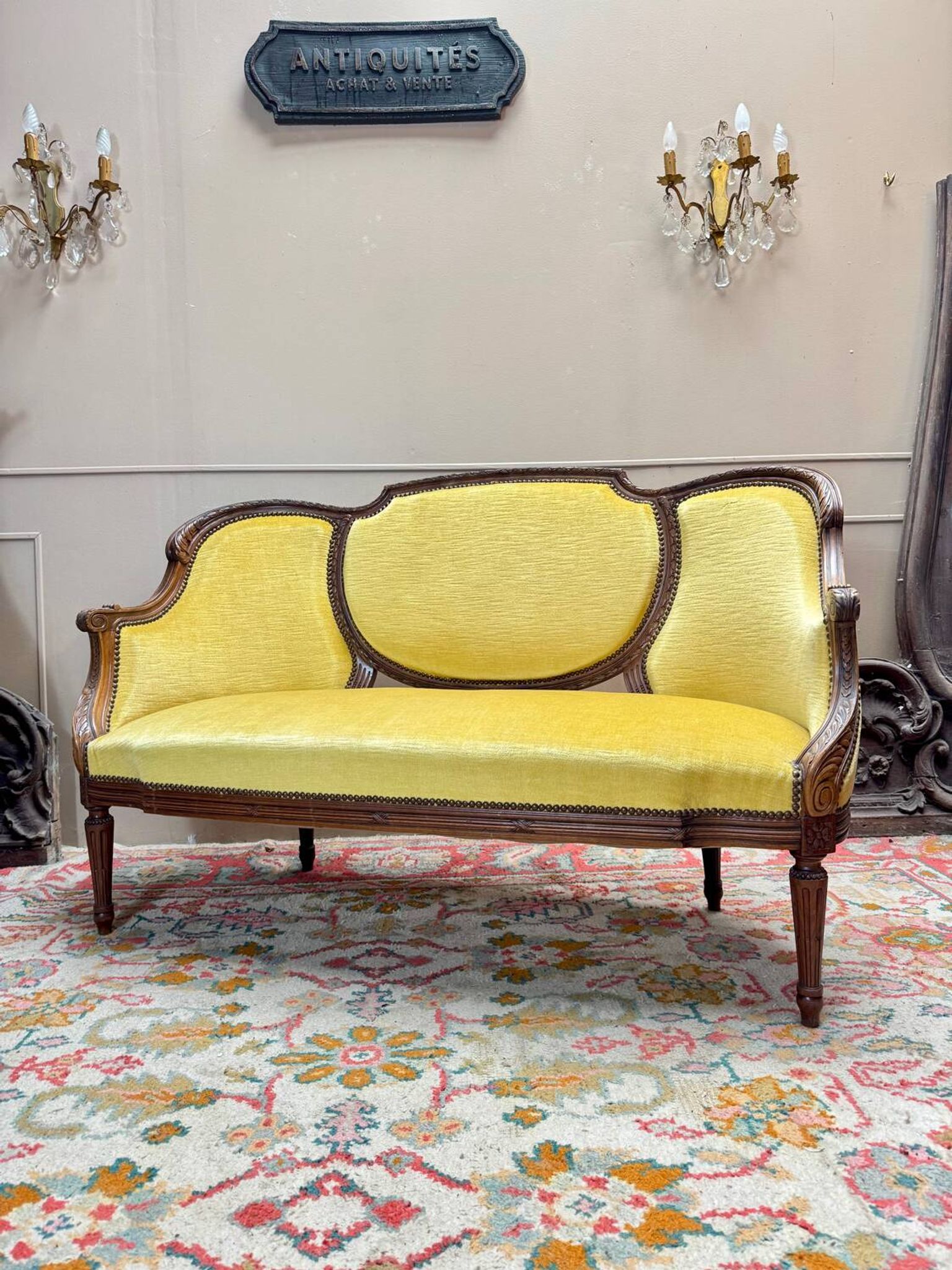 Banquette, natural wood canapé in louis xvi style, 19th century
