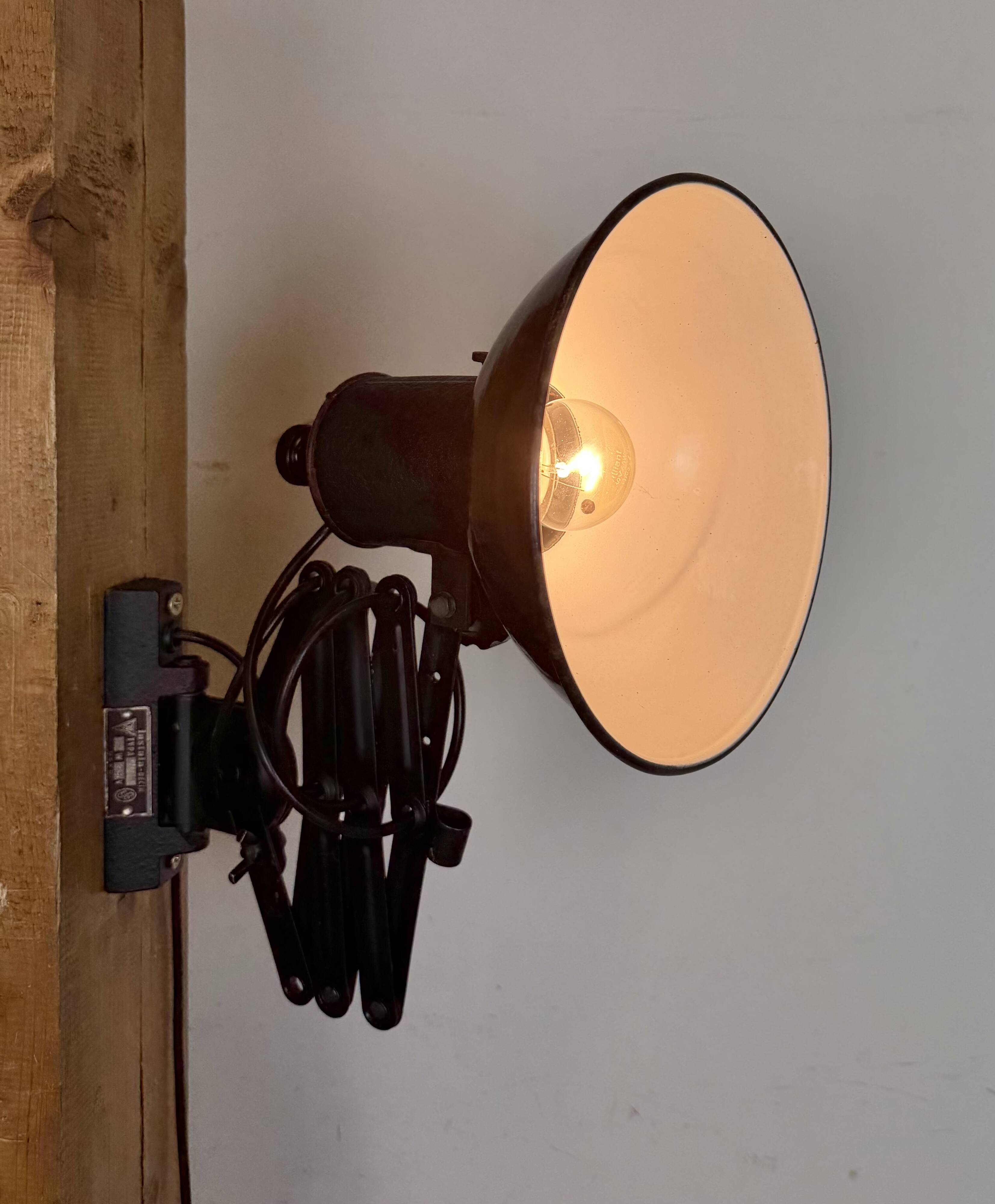 Industrial Black Enamel Scissor Wall Lamp, 1950s