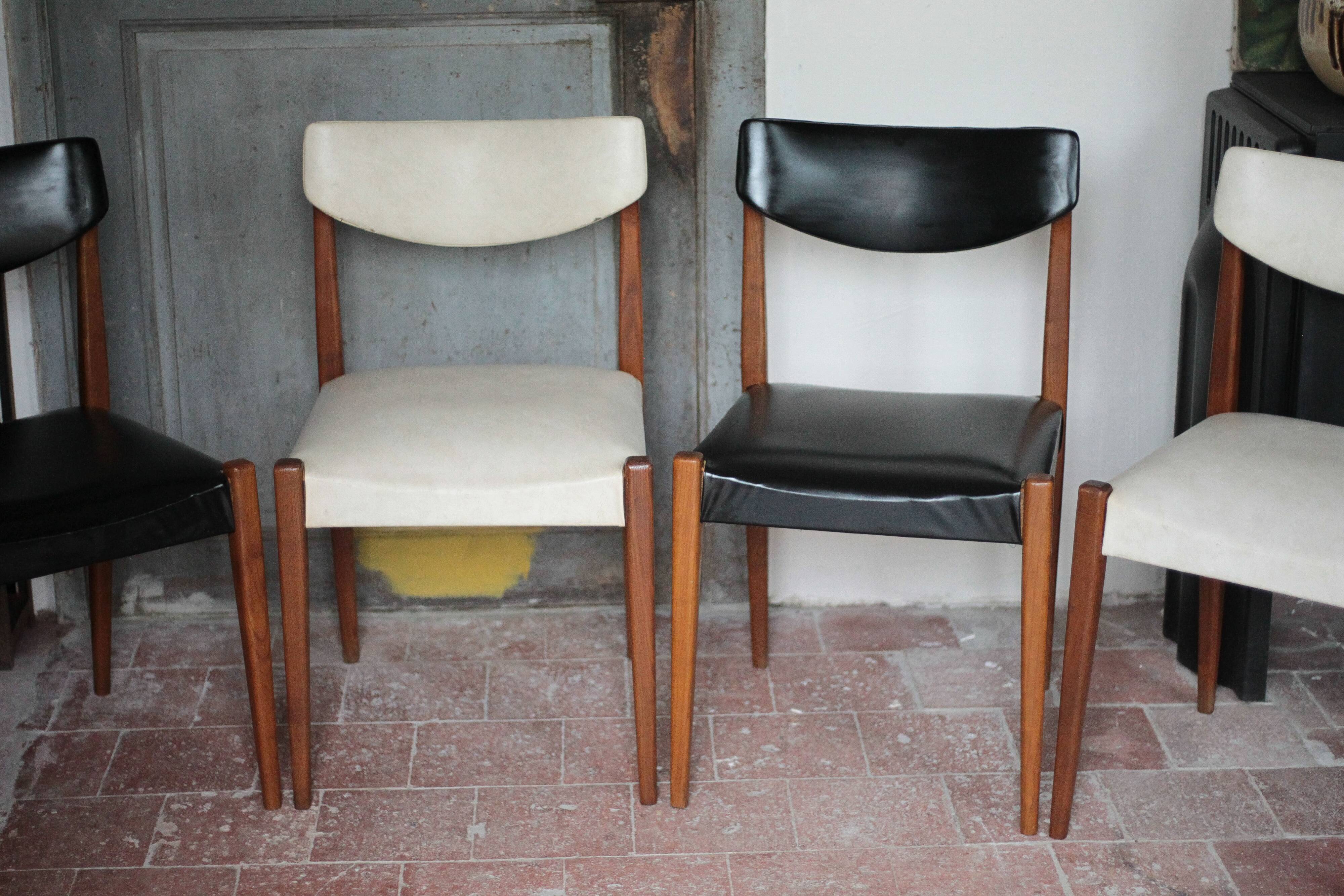 Set of 4 wooden and black and white imitation leather chairs, Scandinavian chair