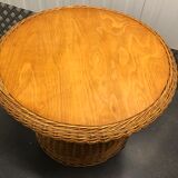 Round coffee table in rattan and varnished wood around 1960