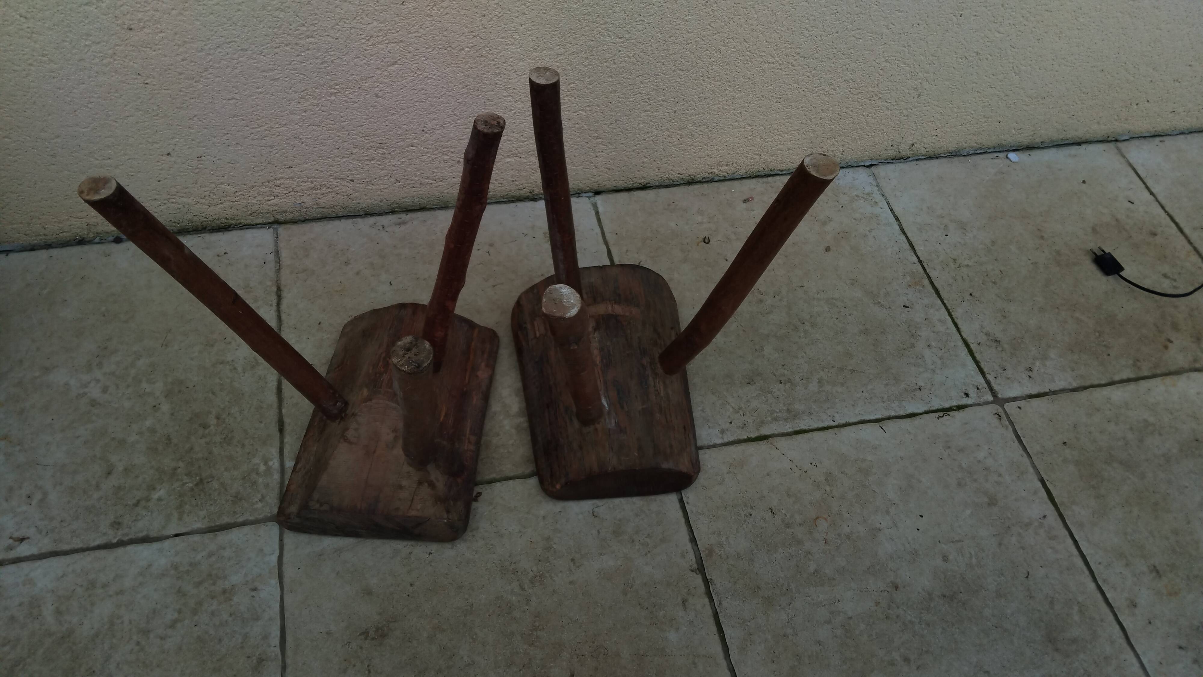Pair of tripod stools, vintage brutalist style, solid wood