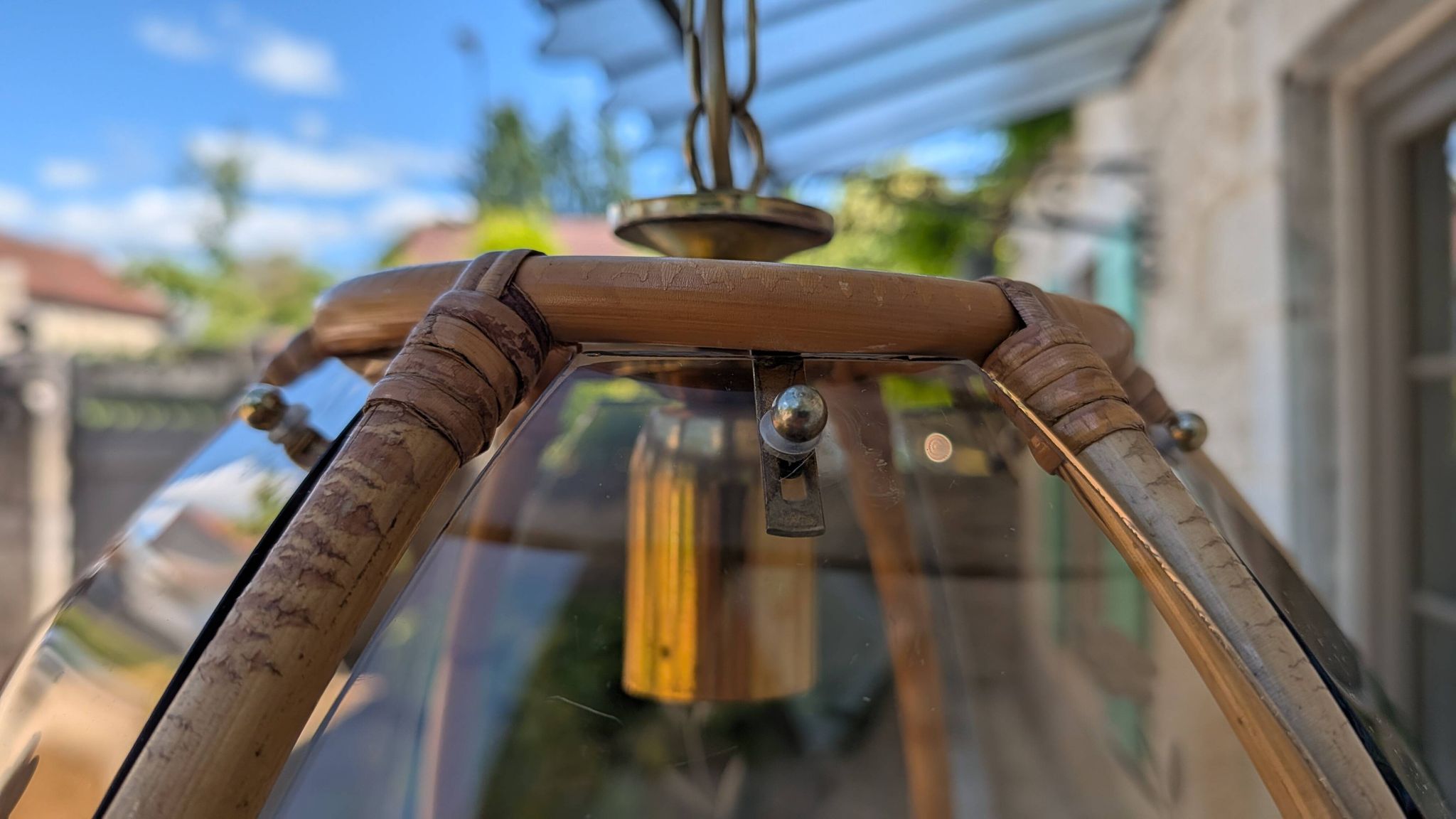 Vintage rattan and smoked glass pendant – 1970s