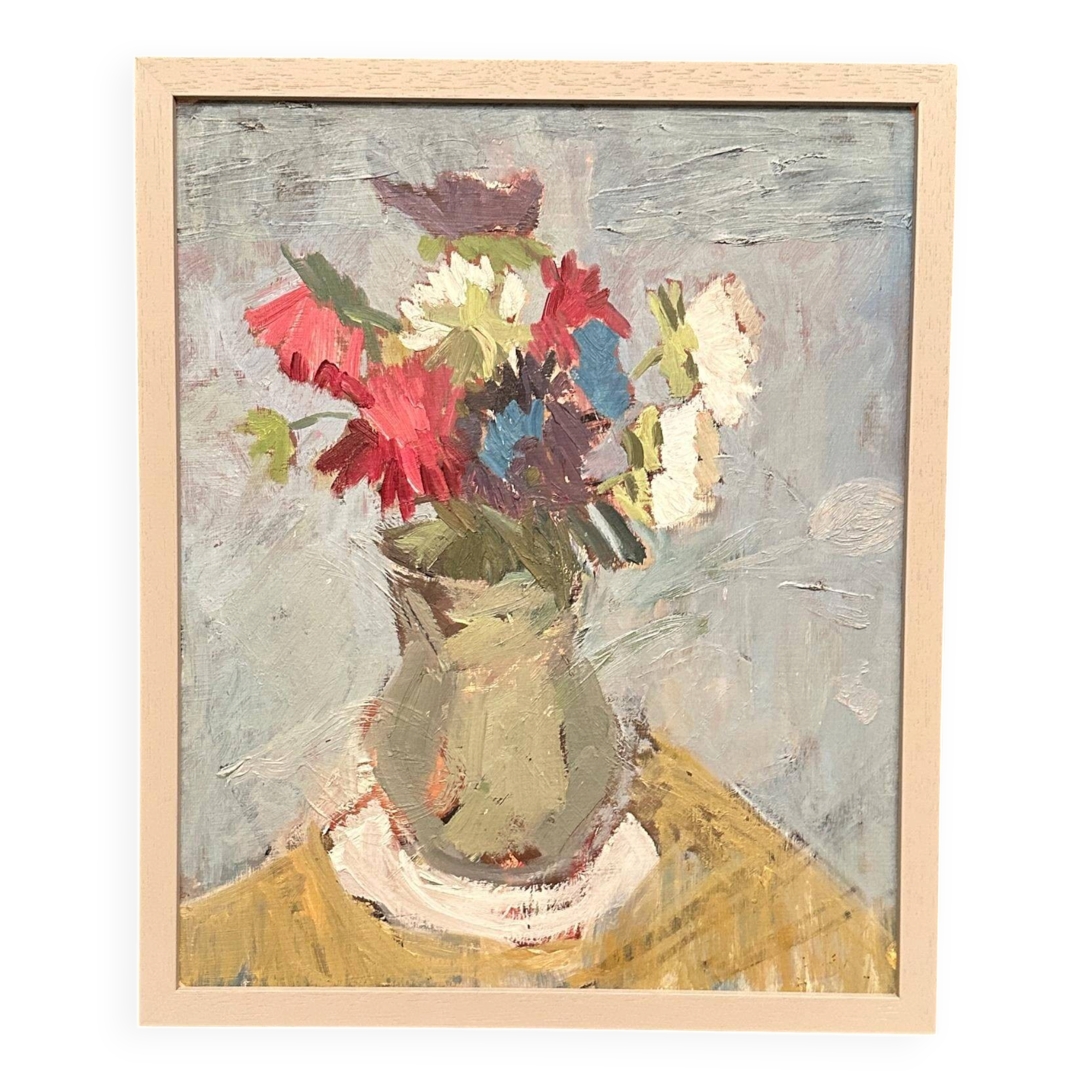 Original Swedish Oil on Panel – “Flowers in Green Vase” – Signed – Vintage