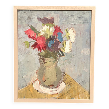 Original Swedish Oil on Panel – “Flowers in Green Vase” – Signed – Vintage
