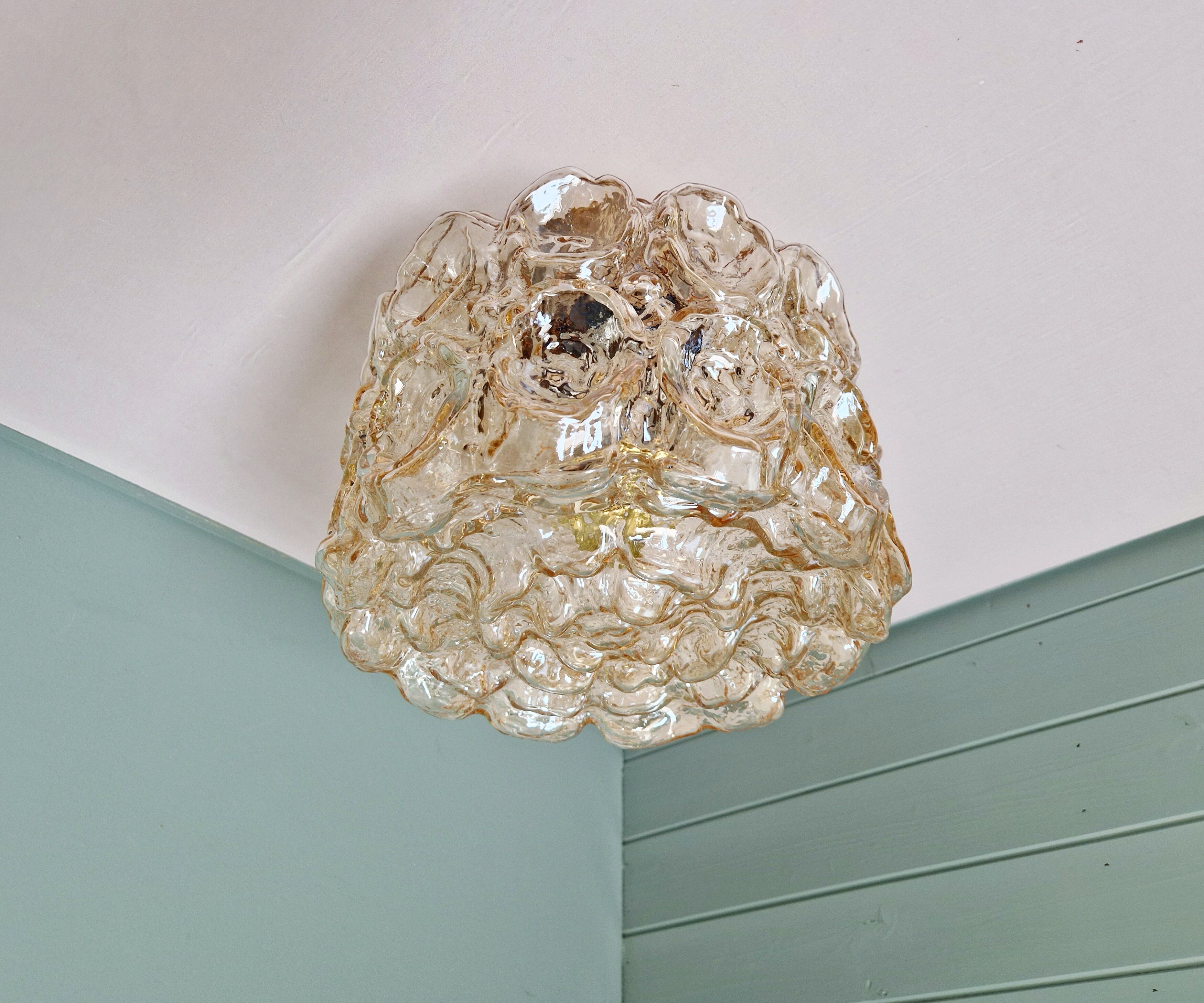 Brass and amber textured glass ceiling light, design by Helena Tynell, Limburg.
