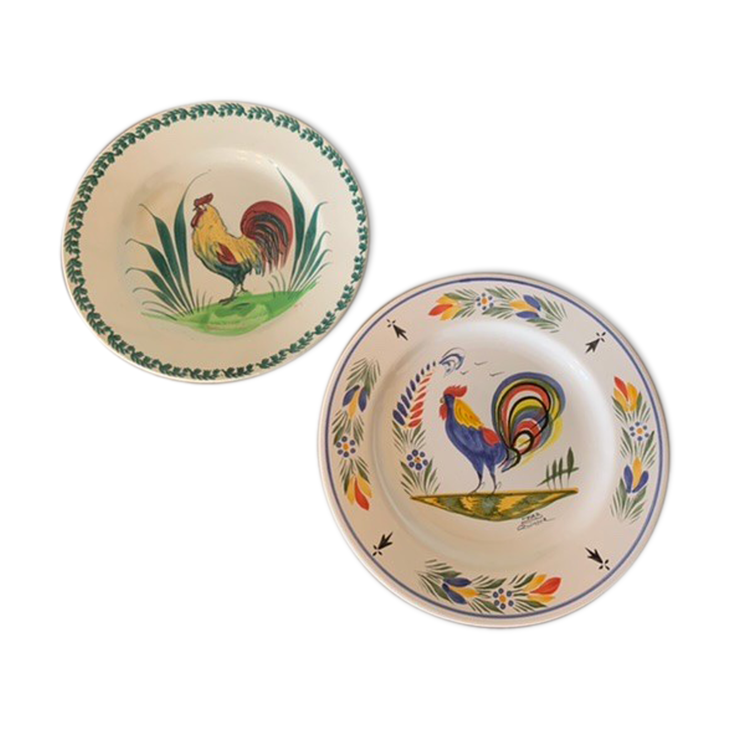 Two collection plates hand-painted rooster pattern signed fab Quimper and wolf mill hamage
