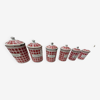 red and white checkerboard enameled tin spice pots BB