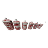 red and white checkerboard enameled tin spice pots BB