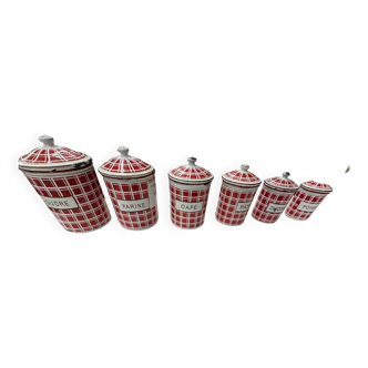 red and white checkerboard enameled tin spice pots BB