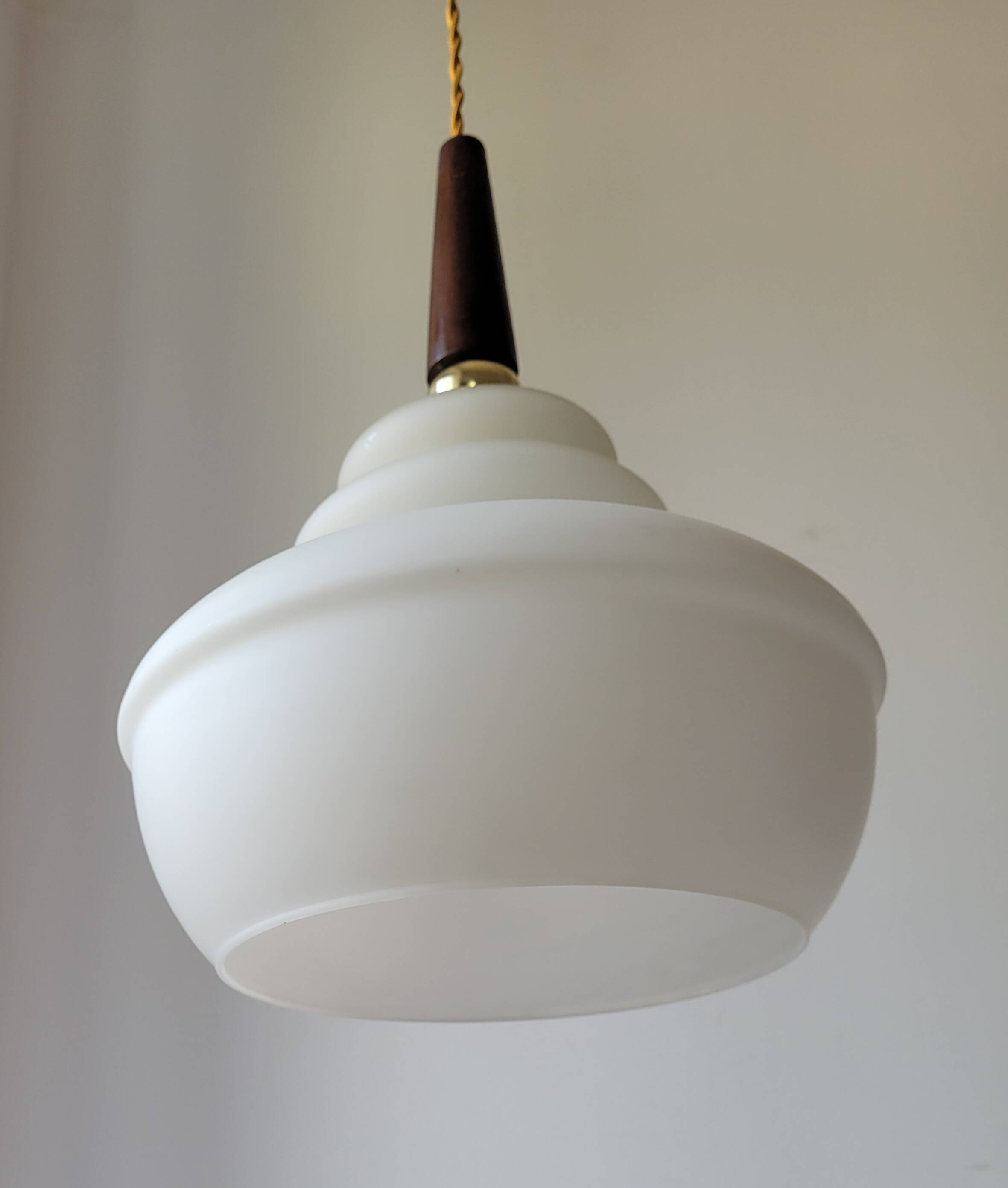Opaline and teak pendant light