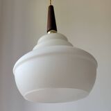 Opaline and teak pendant light