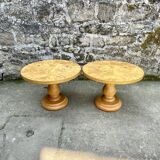 Paire de tables basses rondes, placage loupe 1980