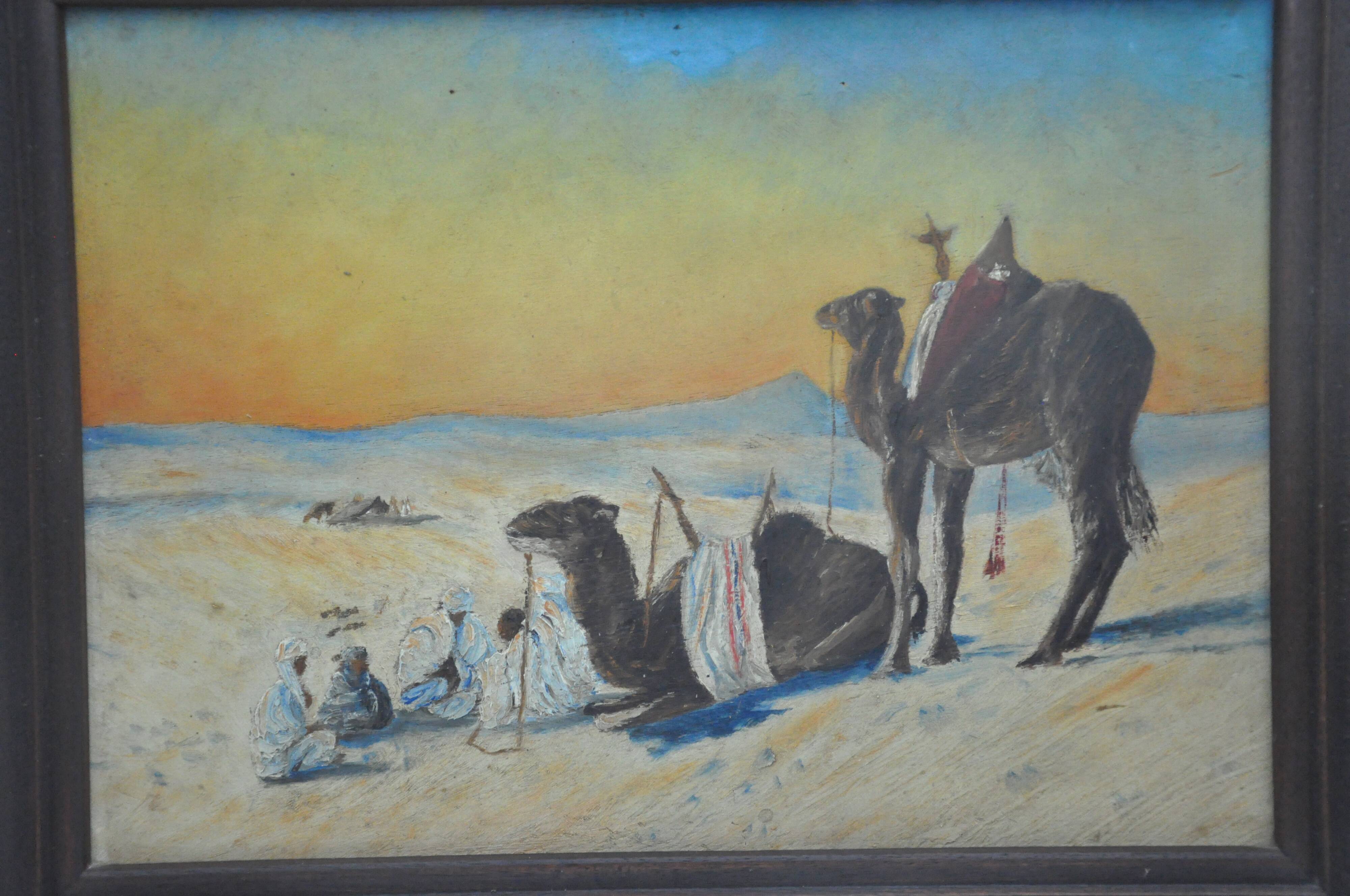 Ancient painting oil s wood, orientalist Bedouin camel desert unsigned