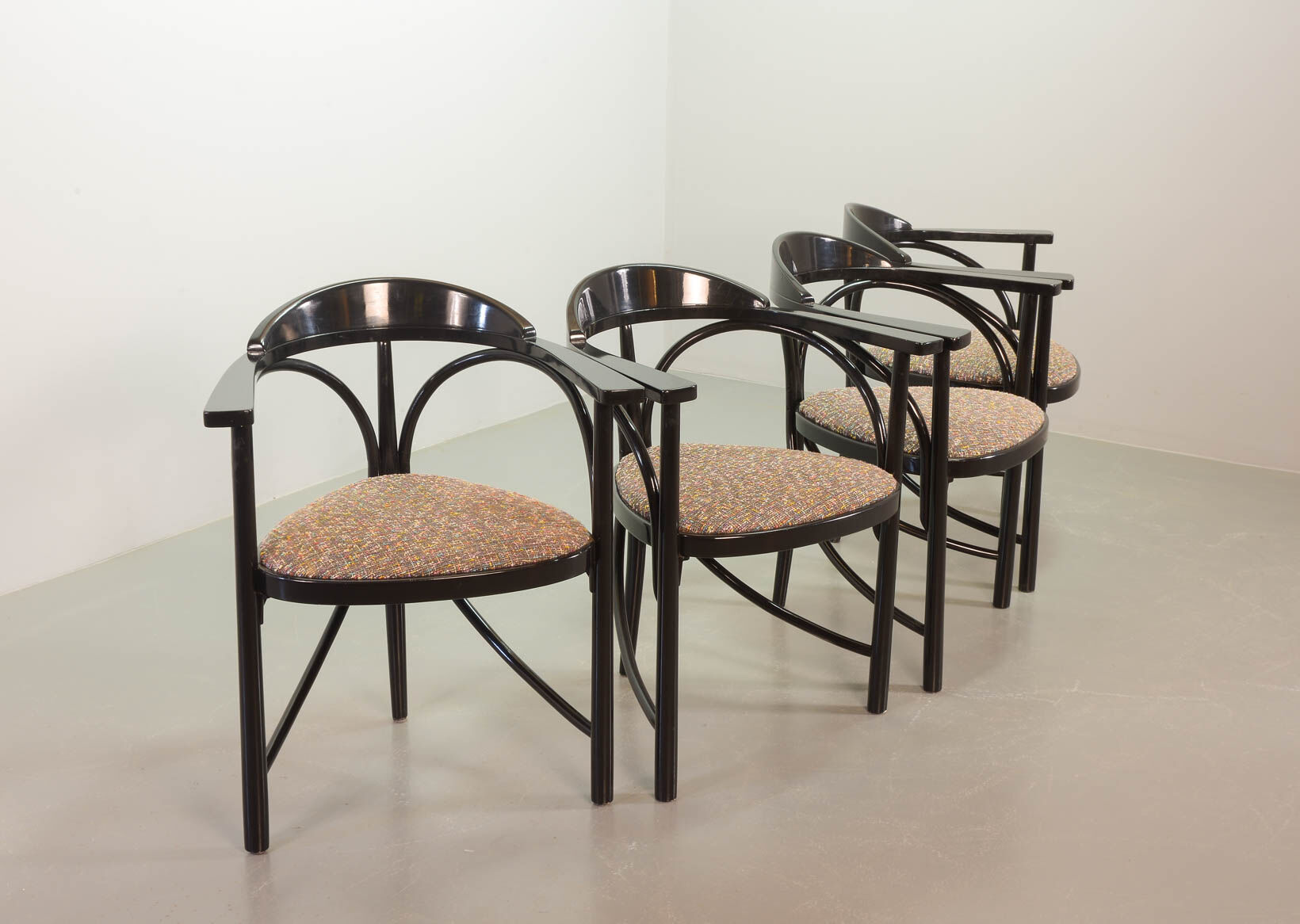 4 Wooden Black Lacquered Thonet Triangle Dining Chairs Model 87, 1980s