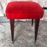 Ancien Tabouret Moumoute Rouge + Pieds Compas Bois Vintage