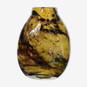 Vase gourde en verre jaune et marron