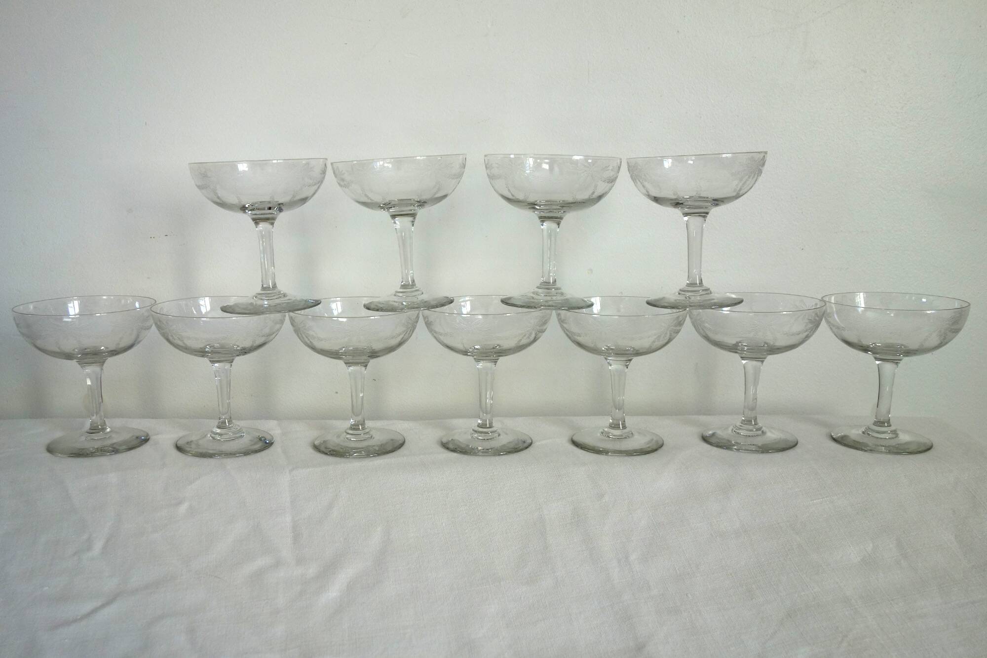 11 vintage engraved crystal champagne coupes