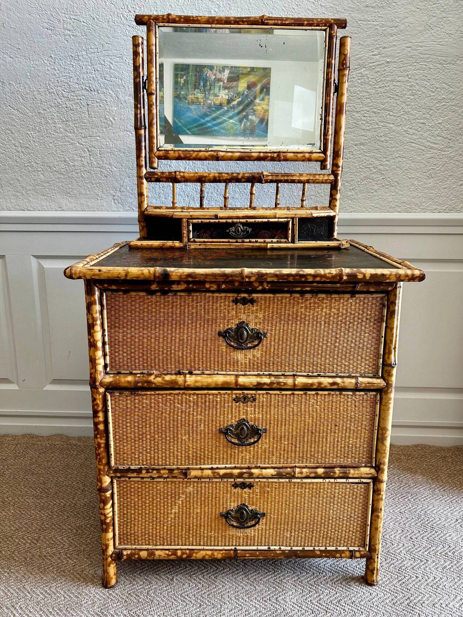 Victorian tiger bamboo, cane & chinoiserie dressing table with drawers, England 1880s, aesthetic movement