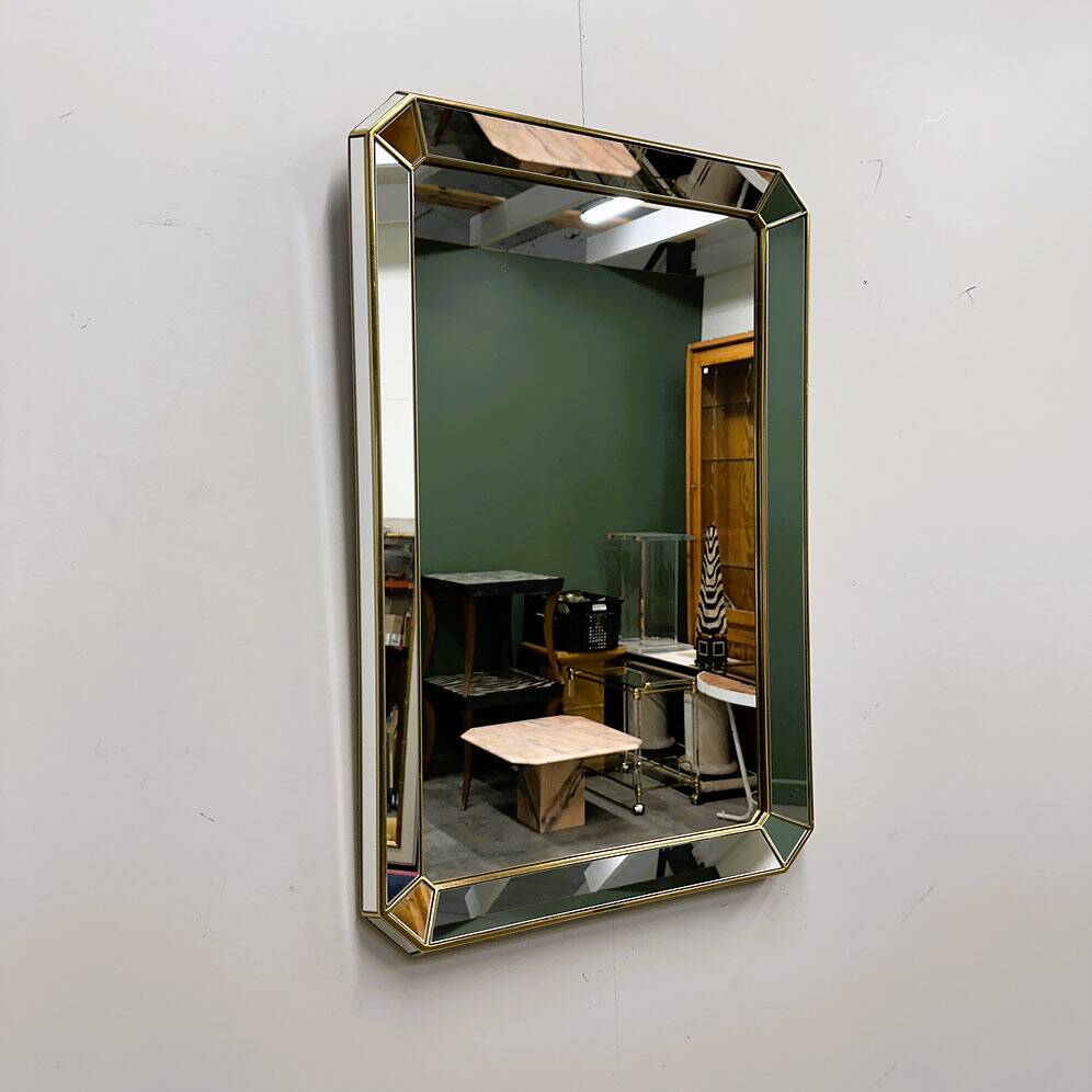 Miroir rectangulaire biseauté De Knudt avec cadre en laiton, Belgique, années 1980