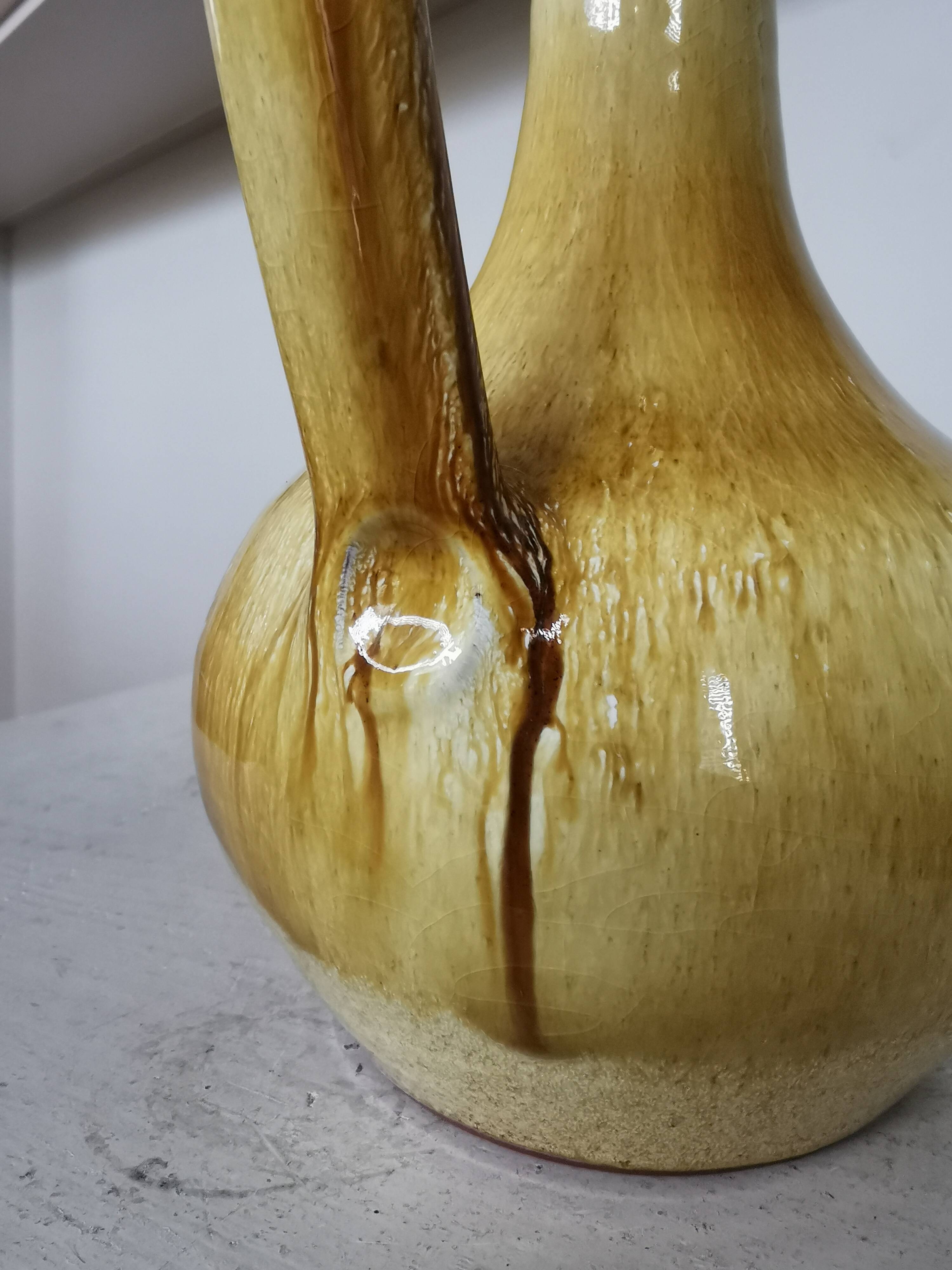 Handmade Ceramic Pitcher: 1970s LKC Pottery, Yellow Brown Glaze