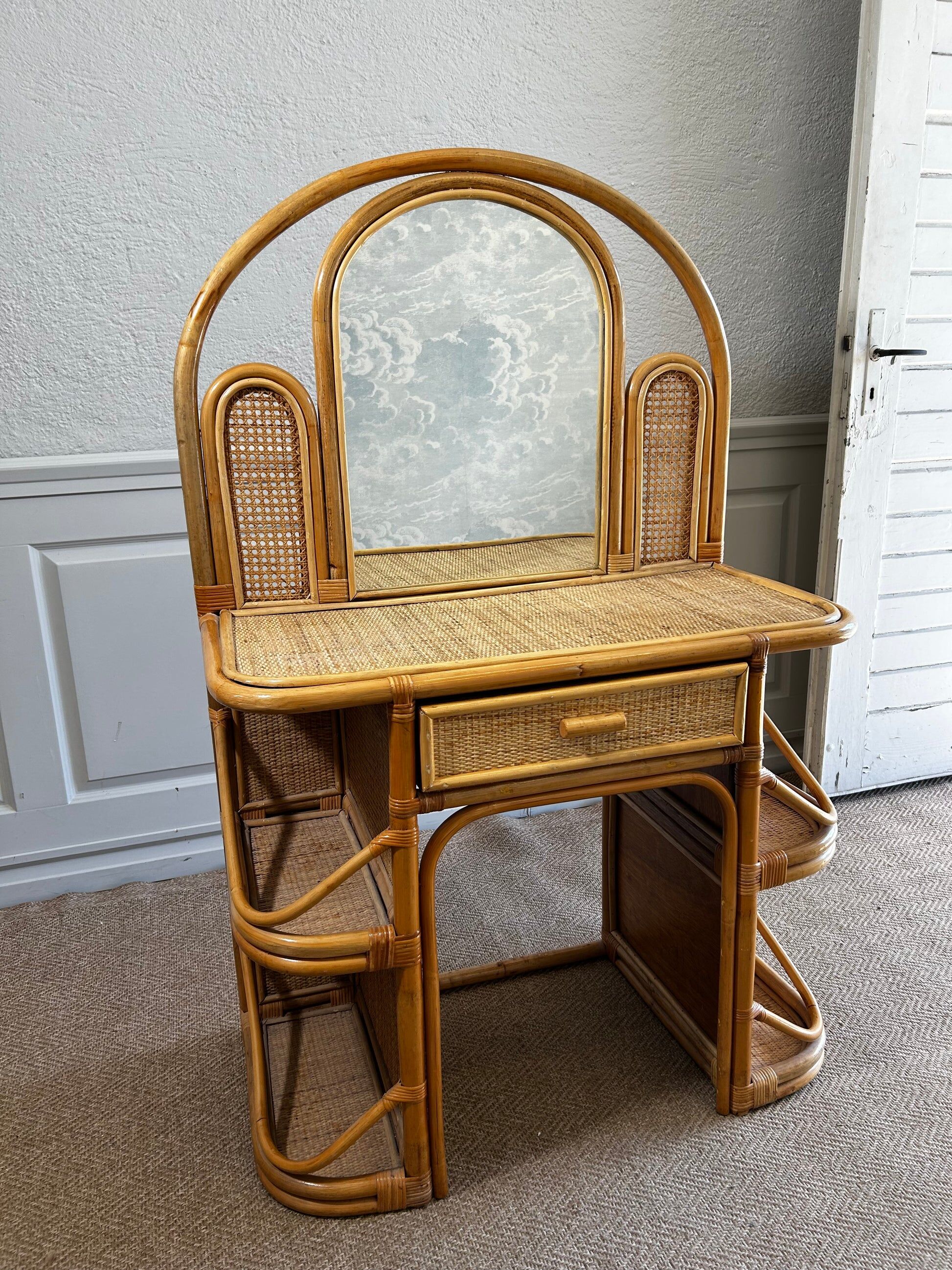 Bamboo and rattan vanity / dressing table with drawer and mirror, 1970s mid-century modern