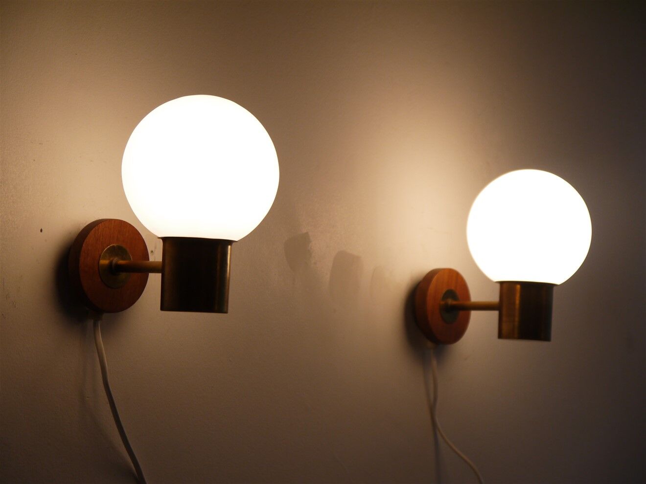 Pair of danish vintage teak and opaline wall lamps 1960