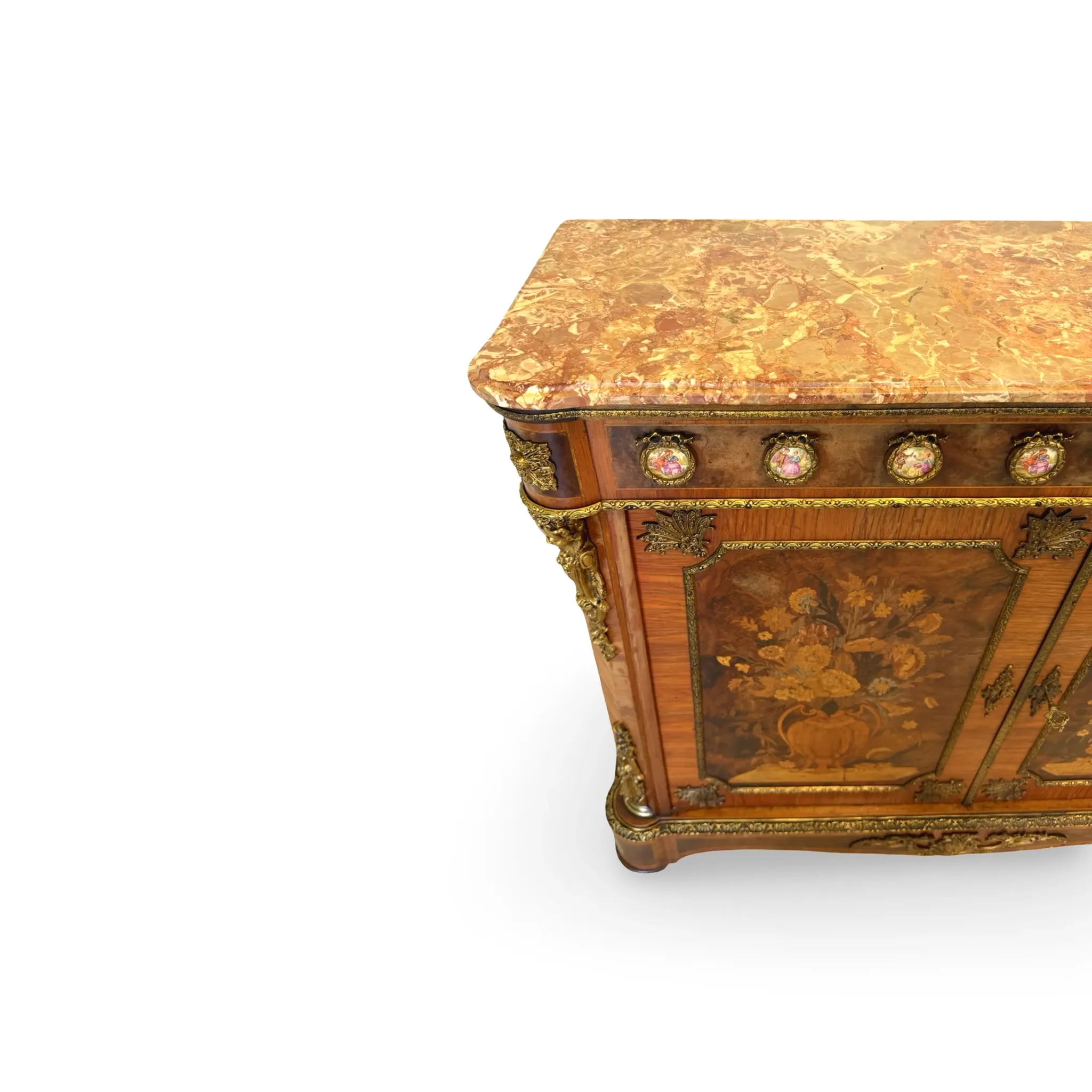 An antique French Louis XVI-style marble-top side cabinet
